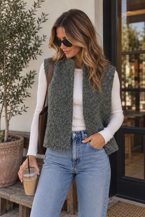 Sigrid Olsen Sweaters - Sigrid Olsen Textured Bouclé Open Front Sweater Vest Olive Green Blue Size Small